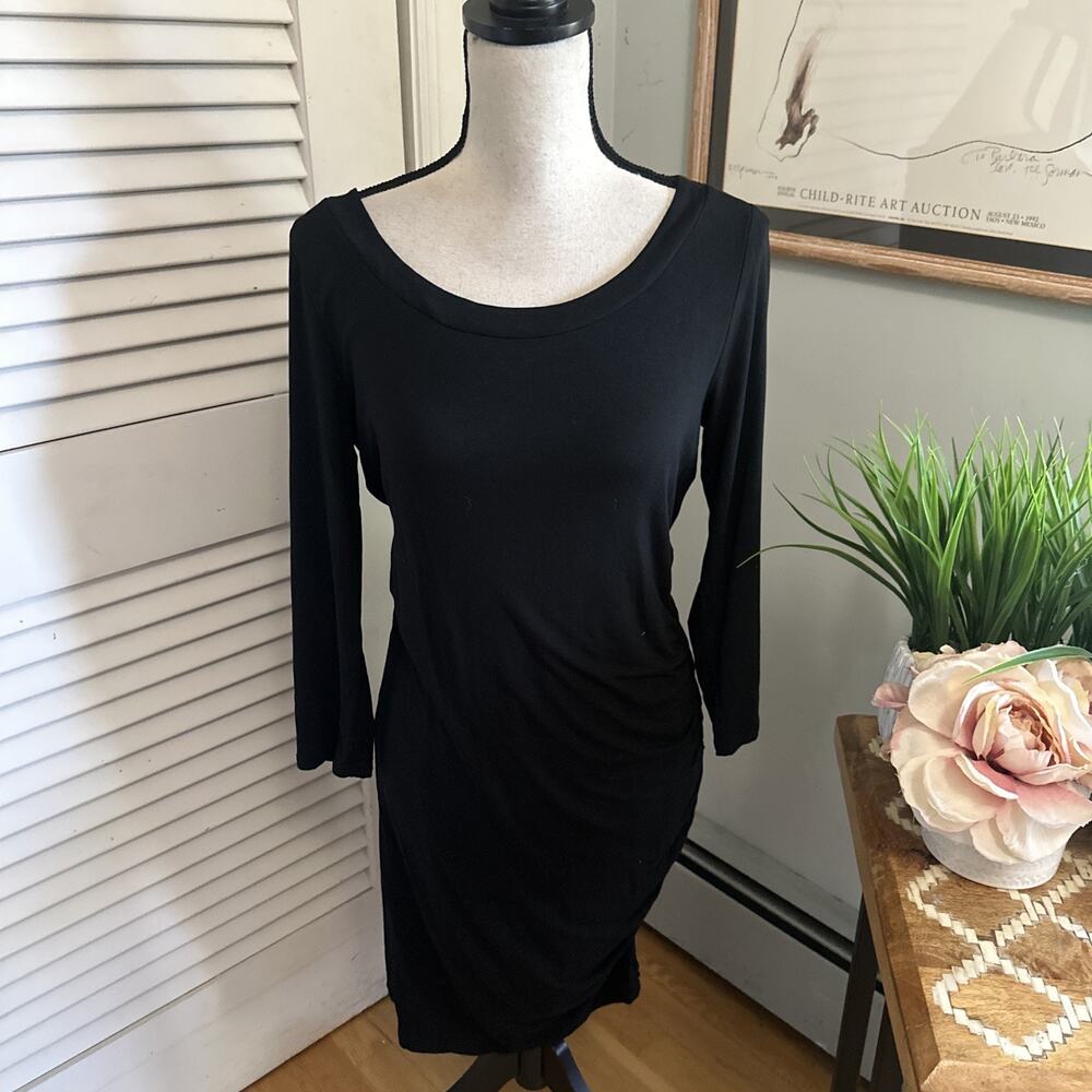 Banana Republic Dress Womens Medium Black Ruched Midi Minimalist Capsule Chic